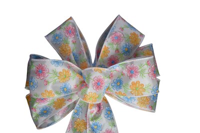 Spring Wired Wreath Bow - Wyome - White with Spring Flowers - image1